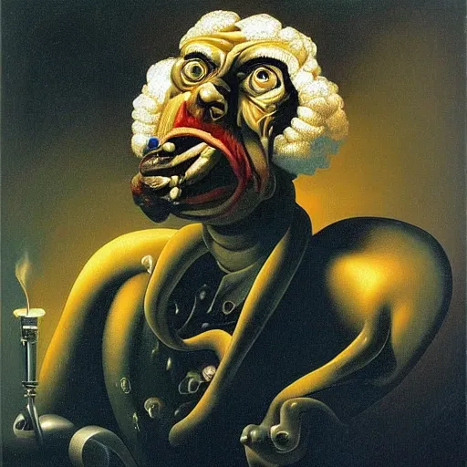 Image similar to oil painting with black background by christian rex van dali todd schorr of a chiaroscuro portrait of an extremely bizarre disturbing mutated man with acne intense chiaroscuro obscuring features lighting perfect composition masterpiece