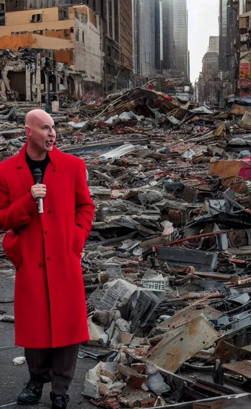 Image similar to cinematic scene of a bald comedian in red coat performing comedy show on top of dead bodies in streets of an apocalyptic metropolis destroyed after war, dramatic lighting, insane details