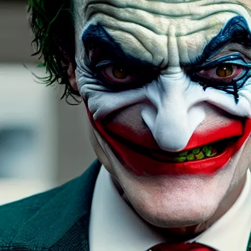 Image similar to A still of Mr Bean as the Joker pointing a gun at the camera in Joker (2019)