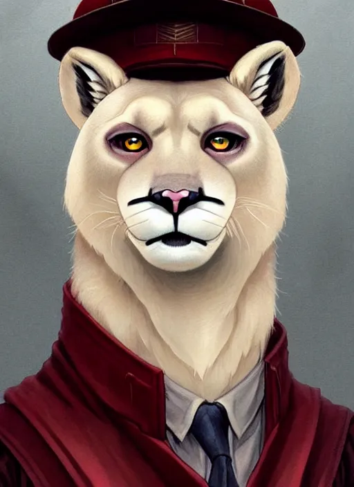 Image similar to beautiful portrait commission of a male furry anthro albino mountain lion with dark red eyes wearing miner's clothes in the year 1915. Atmospheric. Character design by charlie bowater, ross tran, artgerm, and makoto shinkai, detailed, inked, western comic book art