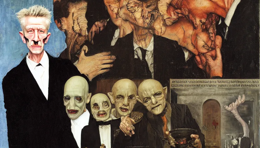 Image similar to torso and head portrait of david lynch as nosferatu, by lawrence alma tadema and rick berry and norman rockwell and jacob collins and tom lovell and frank schoonover