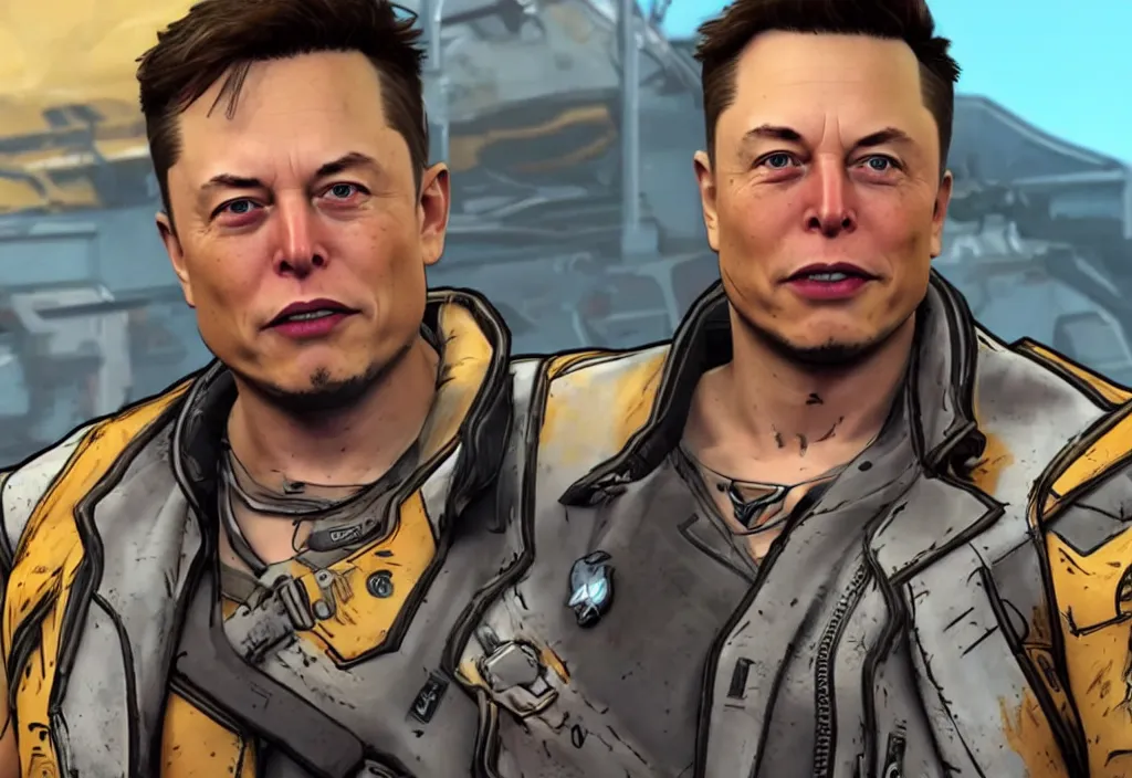 Image similar to elon musk in borderlands elon musk in the video game borderlands, gameplay screenshot, close up, 3 d rendering. unreal engine. amazing likeness. very detailed.