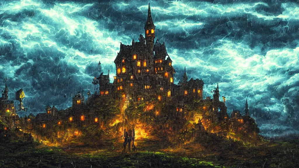 Prompt: ドット絵 and Pixel Art, Dark old fantasy castle on the hill, night cloudy sky, rain, lighting, thunder ,hyper detailed painting,Alchemy, Fantasy