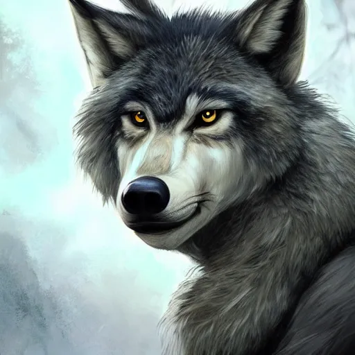 Image similar to 3/4 headshot of cute anthro wolf man, D&D, handsome, fantasy, intricate, long snout, donkey ears, fursona, black hair, elegant, highly detailed, digital painting, artstation, concept art, smooth, sharp focus, illustration, art by artgerm and greg rutkowski and alphonse mucha