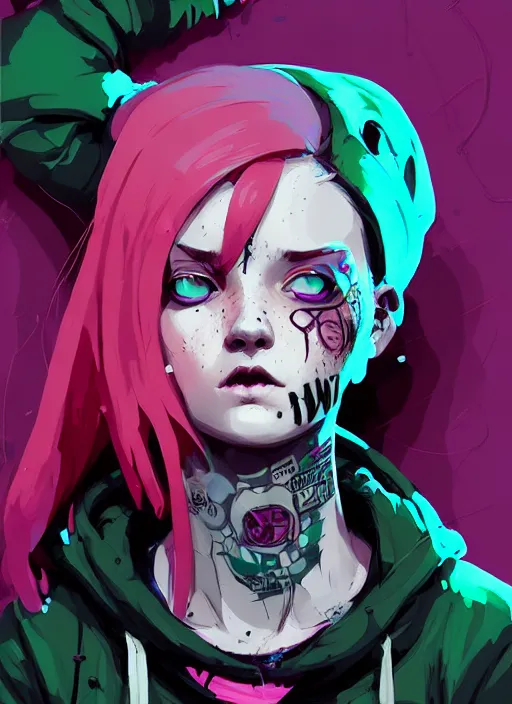 Image similar to highly detailed portrait of a sewer punk lady student, blue eyes, tartan hoody, magenta hair by atey ghailan, by greg rutkowski, by greg tocchini, by james gilleard, by joe fenton, by kaethe butcher, gradient green, black, brown and magenta color scheme, grunge aesthetic!!! ( ( graffiti tag wall background ) )