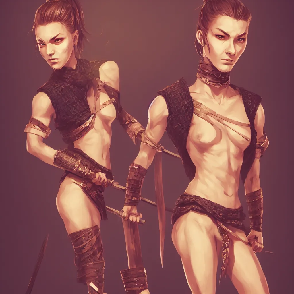 Image similar to full body portrait, thin but strong viking samurai woman, open shirt, 6 pack, symmetrical beautiful face, relaxed pose, trending on artstation, high resolution, detaild, smooth, dynamic composition, dramatic lighting, trending on artstation, award winning art, sharp focus