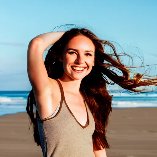 Prompt: A cute and beautiful young woman with long shiny bronze brown hair and green eyes, cute freckles, smug smile, golden hour, beach background, medium shot, mid-shot,