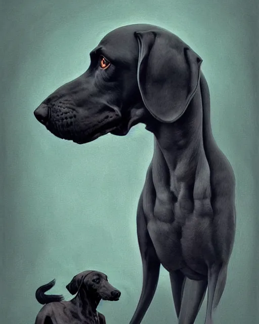 Image similar to painting of hybrid between black weimaraner & horse! & intercrossed animal, by zdzislaw beksinski, by mattias adolfsson, by tiffany bozic, cold hue's, warm tone gradient background, concept art, single object scene, beautiful composition, digital painting