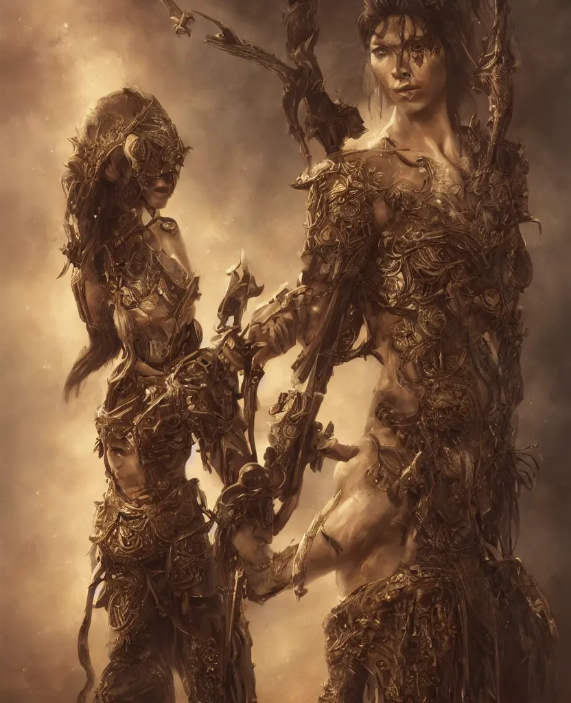 Prompt: a beautiful ultradetailed fine art dark warrior, wild and butcher with ancient weapons, by tom bagshaw and zach sutton, vignette, 3 5 mm lens, golden ratio composition, studio photography, very detailed, humanoids, artstation, 8 k, highly coherent