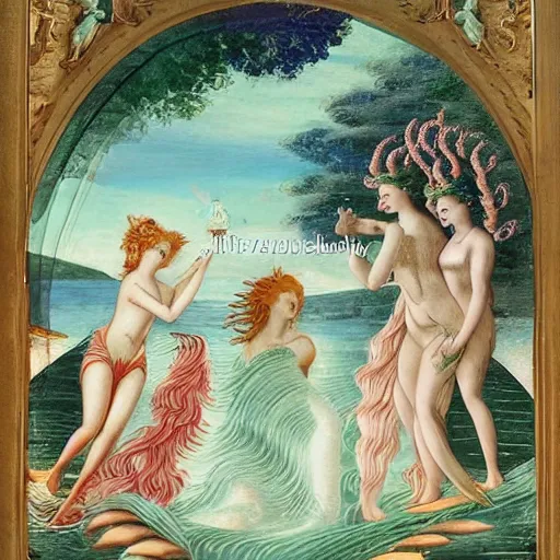 Prompt: The collage depicts the goddess Venus, who is born from the sea, being blown towards the shore by the wind god Zephyr. On the shore, the goddess of love, beauty, and fertility, is greeted by the nymphs who attend to her. The collage is a masterful example of use of color, light, and perspective. The figures are depicted in graceful poses, and the overall effect is one of serenity and beauty. by Charles Robinson a e s t h e t i c