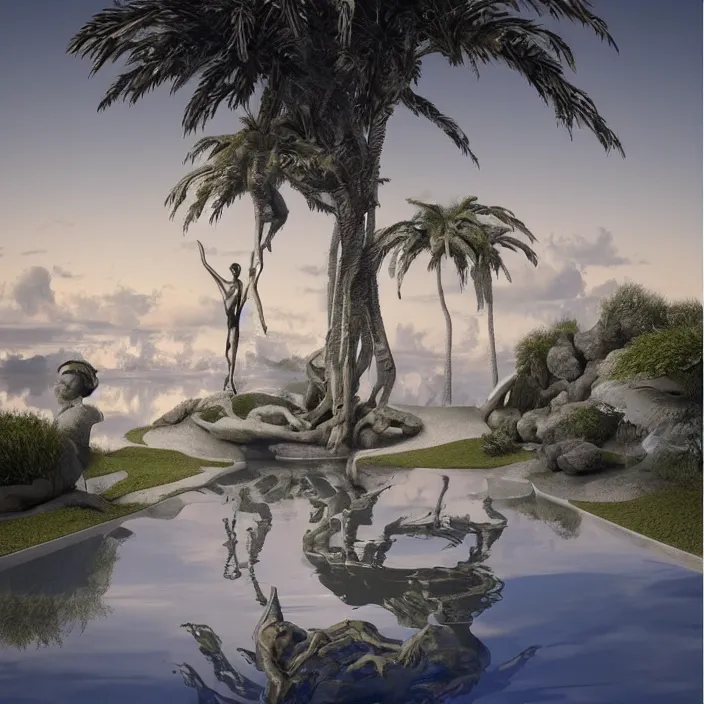 Prompt: hyperrealistic random objects in a surreal minimalistic dreamscape environment by salvador dali, enormous melting mannequin head statue, highly detailed, 3 d render, vray, octane, beautiful lighting, photorealistic, intricate, elegant, wayne barlowe, water, mirrors, doorway, beautiful, masterpiece, trending on artstation, artgerm, checkered floor, palm trees
