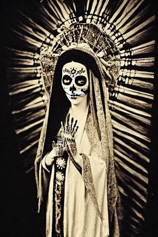 Image similar to phot taken in the 1 9 2 0's, virgin mary in dia de muertos dress and make up, horrific beautiful vibe, evocative, atmospheric lighting, painted, intricate, highly detailed,