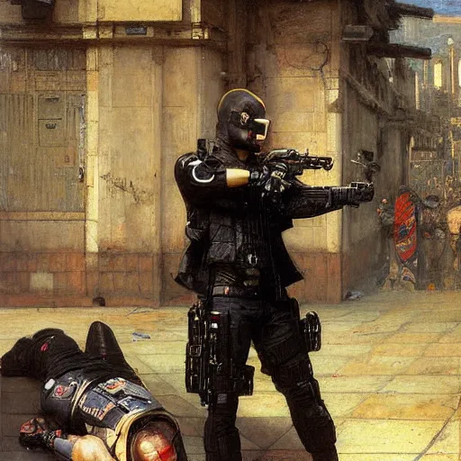 Prompt: Maria evades sgt rhodes. Cyberpunk hacker escaping Menacing Cyberpunk police trooper wearing a combat vest. (dystopian, police state, Cyberpunk 2077, bladerunner 2049). Iranian orientalist portrait by john william waterhouse and Edwin Longsden Long and Theodore Ralli and Nasreddine Dinet, oil on canvas. Cinematic, vivid colors, hyper realism, realistic proportions, dramatic lighting, high detail 4k