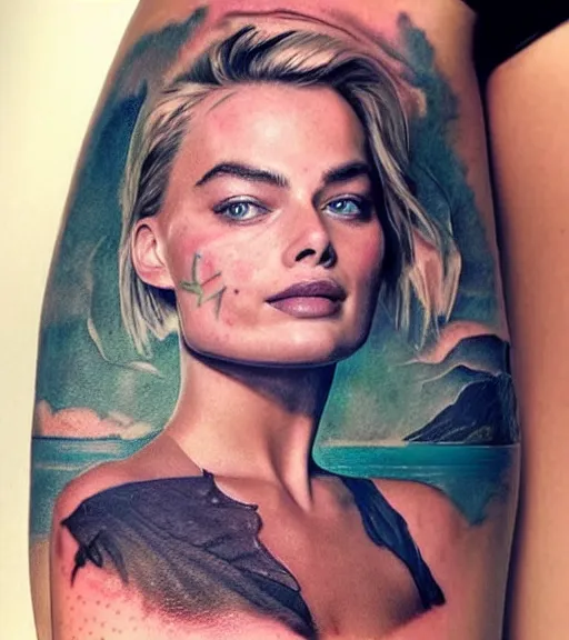 Image similar to tattoo sketch of margot robbie mash up in amazing mountain scenery and nature, double exposure effect, in the style of arlo dicristina, hyper realism, amazing detail, sharp