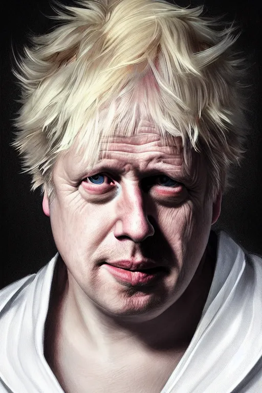 Image similar to Boris Johnson as Rick Sanchez, one single eyebrow, white robe, big eyes, portrait, symmetrical, highly detailed, digital painting, artstation, concept art, smooth, sharp focus, illustration, cinematic lighting, art by artgerm and greg rutkowski and alphonse mucha