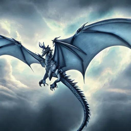 Prompt: A detailed and beautiful dragon flying surrounded by clouds and lightning in the sky with wings spread wide, 8k, hyper realistic