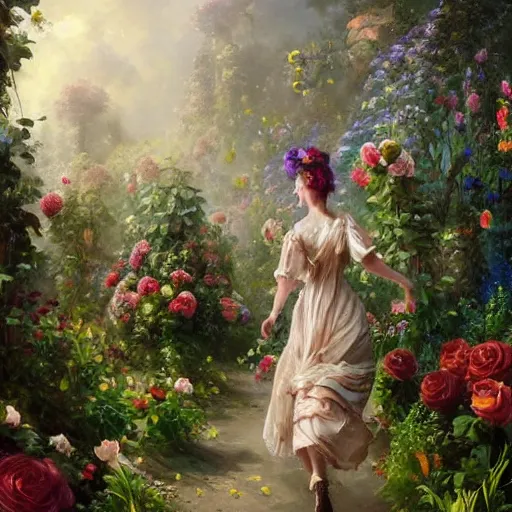 Prompt: portrait of a victorian woman running up a hill of exotic flowers, giant mushrooms, and roses, from behind, streets, birds in the sky, sunlight and rays of light shining through trees, tall buildings on the sides, beautiful, solarpunk!!!, highly detailed, digital painting by Michael Garmash and Peter Mohrbacher