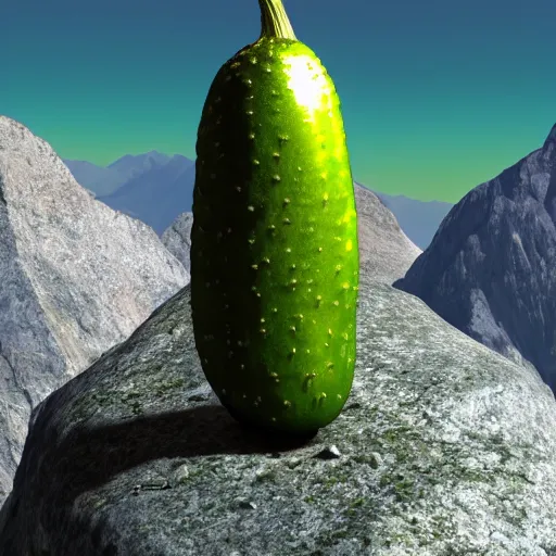 Image similar to A hyper realistic pickle standing on top of a mountain, scenic, realism, 8k,