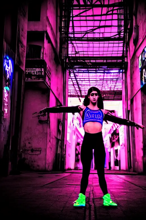 Image similar to buenos aires argentina cyberpunk strong girl, gymnast, sci - fi night neon lights