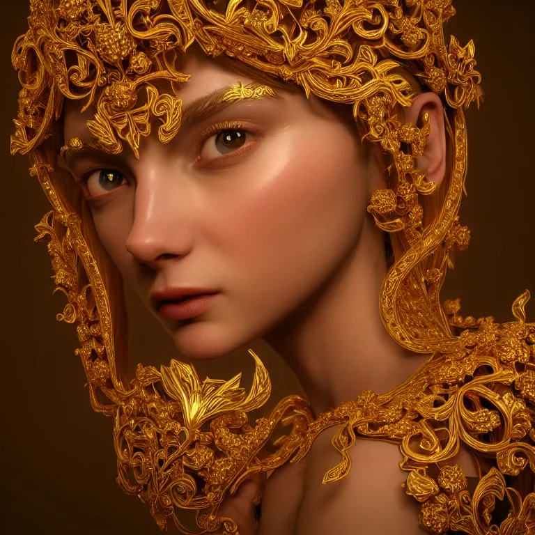 Image similar to wonderful princess of vines with a clear skin, ornate 8 k gorgeous intricate gold detailed, accent lighting, dramatic light, octane render