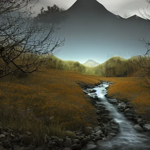 Image similar to rendered in rtx, enso by bojan jevtic. performance art. a landscape of a mountainous area with a river running through it. there are trees & plants in the foreground, & the mountains are in the background.