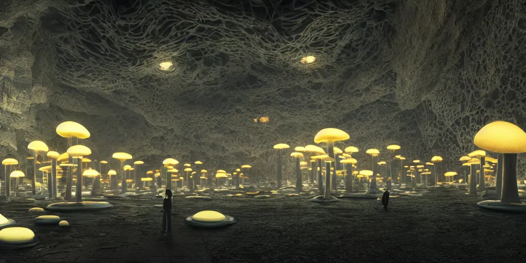 Image similar to Photorealistic exterior of a minimalist design mosque in giant glowing mushroom underworld dark cave, with domes and arches, people and androids wearing traditional japanese clothing. photorealism, UHD, amazing depth, glowing, golden ratio, 3D octane cycle unreal engine 5, volumetric lighting, cinematic lighting, cgstation artstation concept art