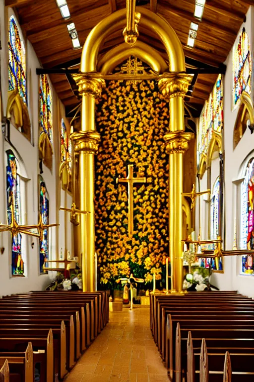 Prompt: photo inside a church full of flowers, golden ornaments highly detailed