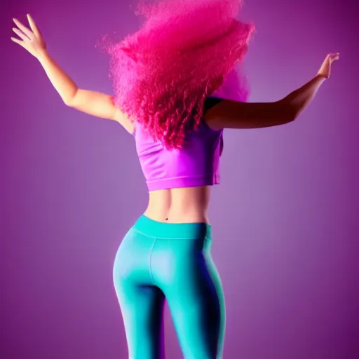 Image similar to a award winning full body shot of a beautiful woman in a croptop and leggings with a ombre purple pink teal hairstyle with head in motion and hair flying, outrun, vaporware, highly detailed, fine detail, intricate