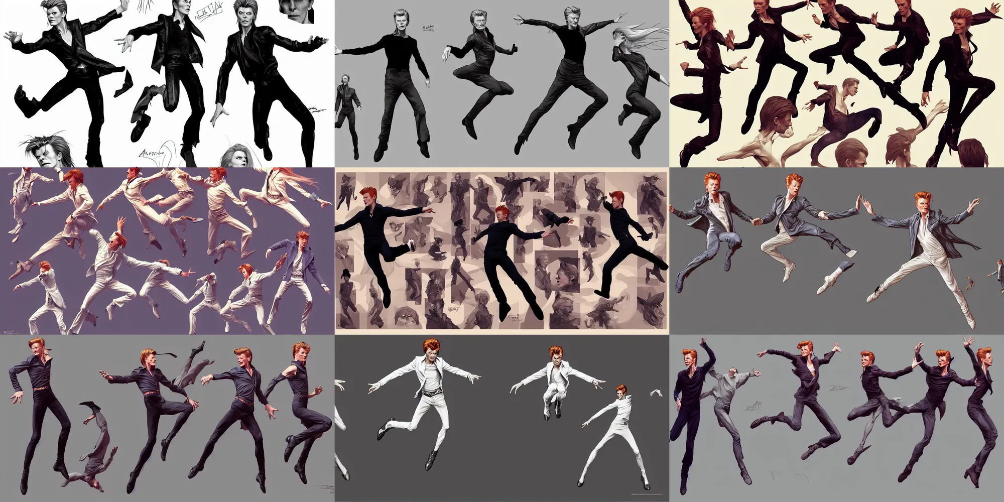 Prompt: david bowie jumping and dancing, character sheet, character design, contrast, deep focus, turnaround, highly detailed, dramatic lighting, digital painting, artstation, concept art, matte, sharp focus, illustration, elegant, art by artgerm and greg f and alphonse mucha.