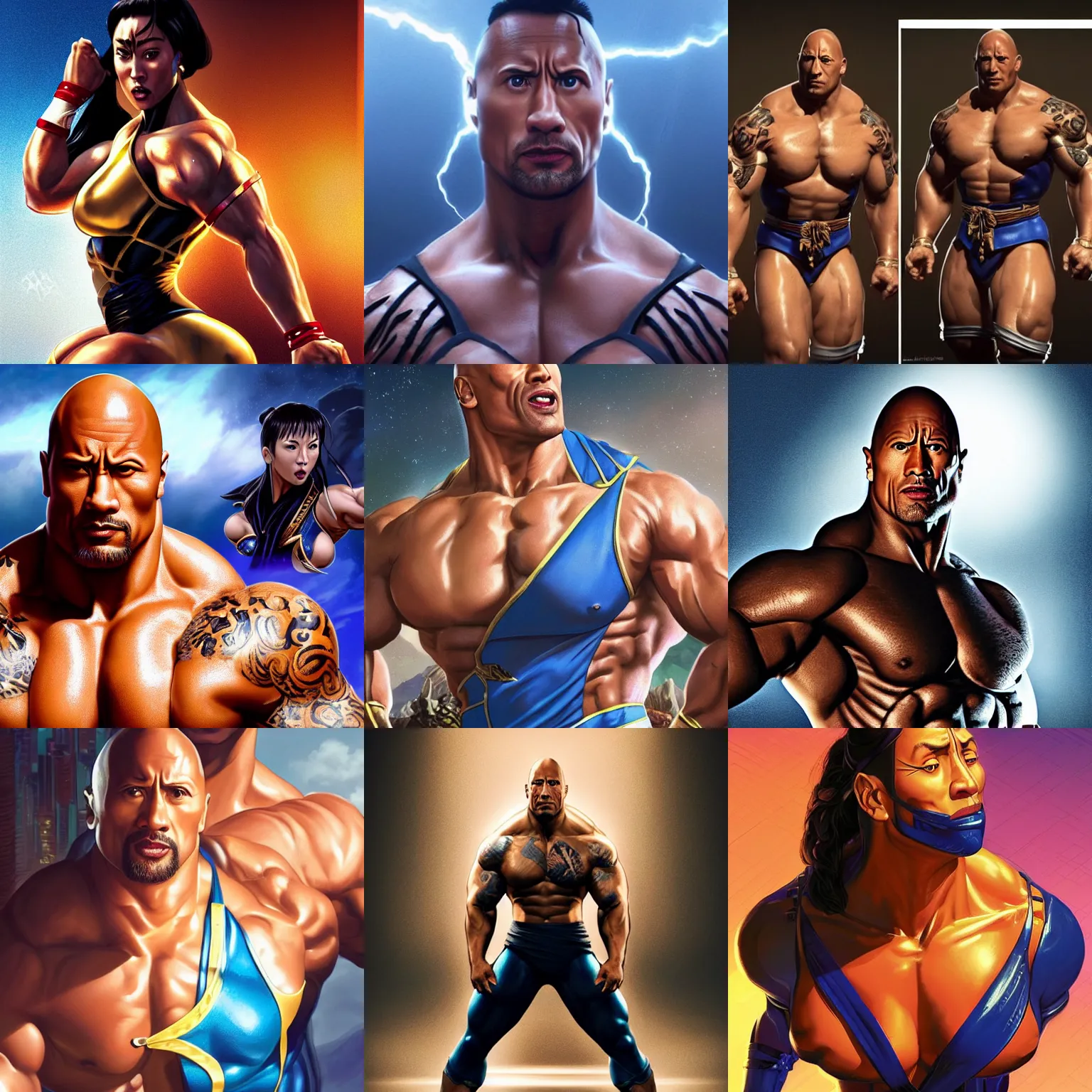 Prompt: dwayne johnson in tight woman chun li outfit with dwayne johnson face and dwayne johnson body, visible head and eyes, intricate, epic lighting, cinematic composition, hyper realistic, 8k resolution, unreal engine 5, by Artgerm, tooth wu, dan mumford, beeple, wlop, rossdraws, James Jean, Andrei Riabovitchev, Marc Simonetti, yoshitaka Amano, Artstation