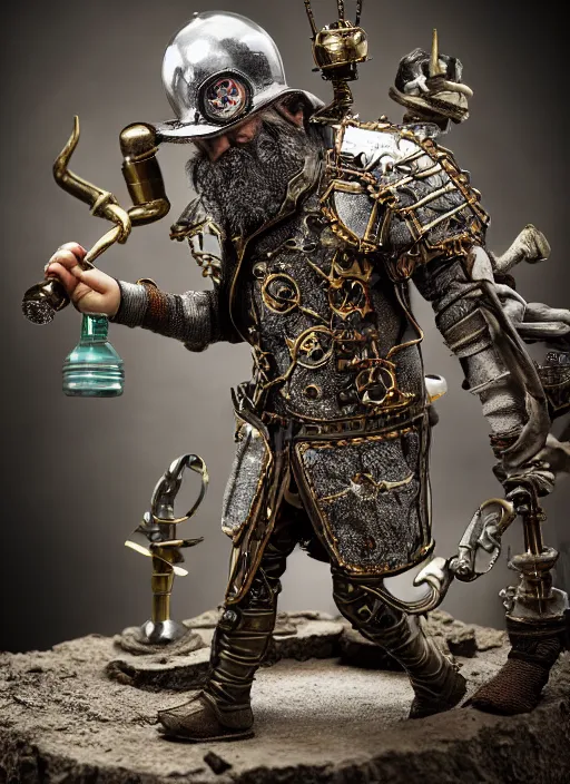 Image similar to 8 5 mm f 1. 8 photograph of a claymation steampunk warrior dwarf, highly detailed diorama, by erwin olaf, smooth, sharp foccus, commercial photography, fashion shoot