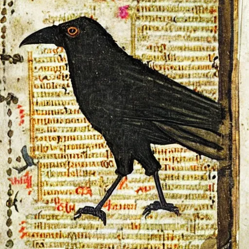 Prompt: bad drawed mix between a crow and a mage king in a medieval manuscript, medieval manuscript, golden miniatures