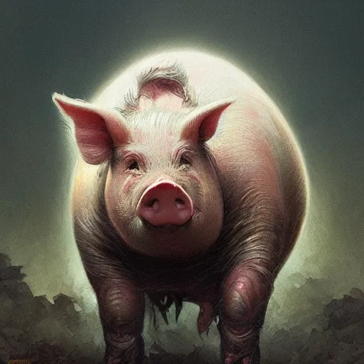 Image similar to Pig Putin in dirt, intricate, highly detailed, digital painting, artstation, concept art, smooth, sharp focus, illustration, evil, horrifying, art by artgerm and greg rutkowski and alphonse mucha