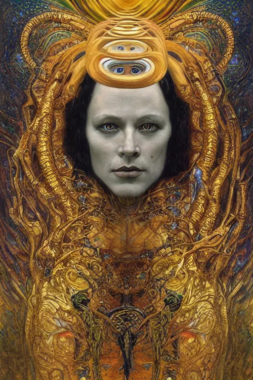 Image similar to Rebirth by Karol Bak, Jean Deville, Gustav Klimt, and Vincent Van Gogh, Rebirth, Loki's Pet Project, mystical portrait of a serpent deity, Surreality, otherworldly, fractal structures, arcane, ornate gilded medieval icon, third eye, spirals