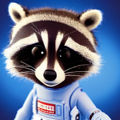 Image similar to 2 8 mm macro photo of furry cute baby raccoon astronaut by disney, pixar, octane, hyper detailed,