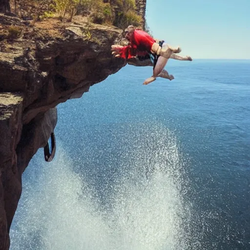 Prompt: man cliff jumping off the edge of the world