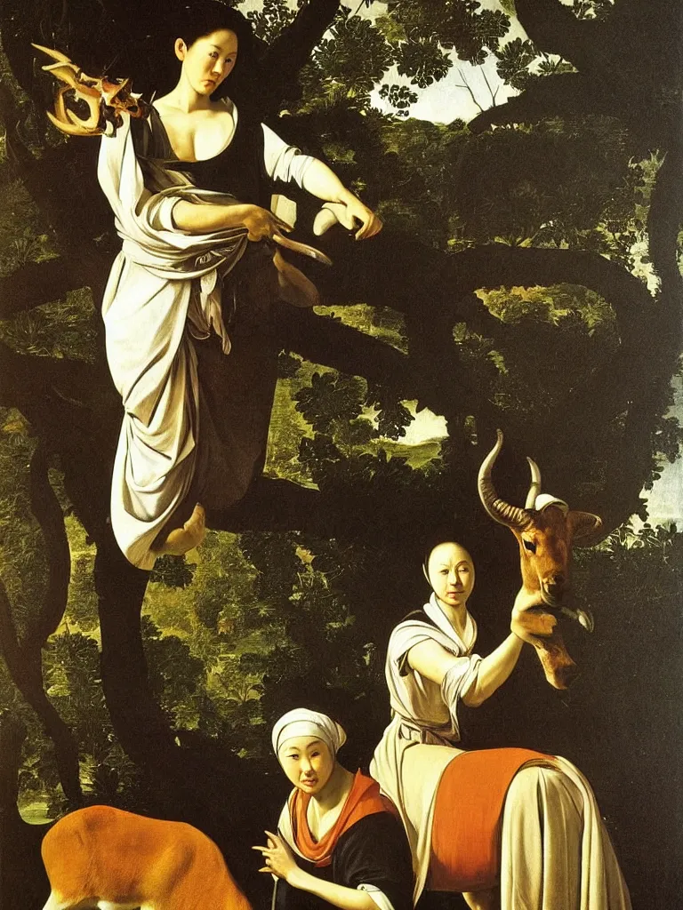 Prompt: Portrait of oriental woman with an antelope. Landscape with trees in the fog. Painting by Caravaggio