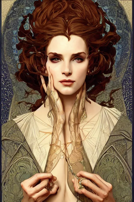Image similar to high priestess, intricate, elegant, highly detailed, concept art, sharp focus, beautiful face!!, digital art, smooth defined outlines!!, human anatomy, human structure, by Brom, trending on Artstation, Alphonse Mucha