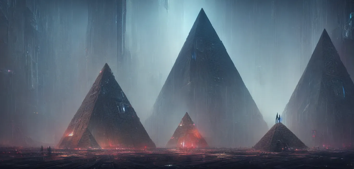 Image similar to cyberpunk egiptian pyramid overview, Greg Rutkowski, HR Giger, Wadim Kashin, in Zdzisław Beksiński color scheme, featured in artstation, octane render, cinematic, elegant, intricate, 8k