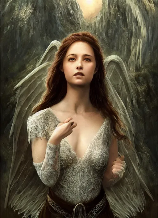 Prompt: portrait of a beautiful women with wings of lace in a lord of the rings scenery landscape by artgerm, headshot, sunny day, highly detailed, perfect lighting, perfect composition, 4 k, by alan lee, by derek zabrocki, by greg rutkowski, by karol bak