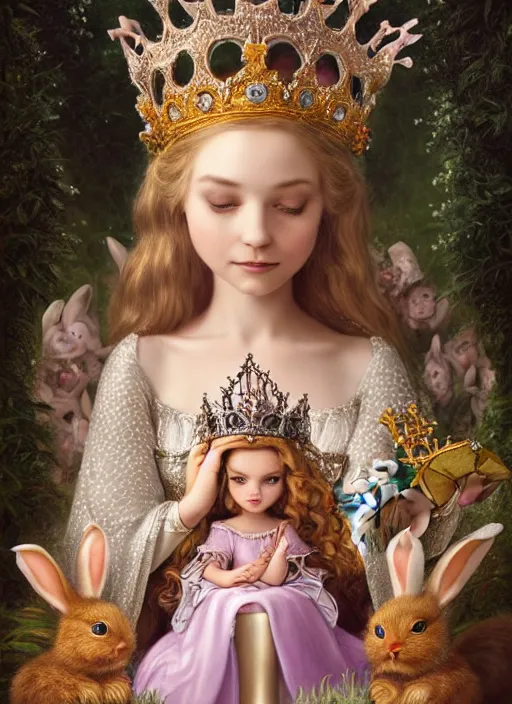 Image similar to highly detailed closeup portrait of a fairytale medieval princess wearing a crown and sitting on a throne, surrounded by cute bunnies, unreal engine, nicoletta ceccoli, mark ryden, earl norem, lostfish, global illumination, god rays, detailed and intricate environment