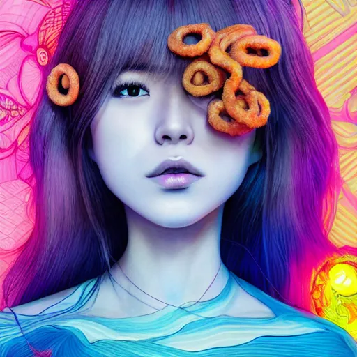 Image similar to the face of a ridiculously beautiful and pretty japanese girl partially made of onion rings of all colors looking down, an ultrafine detailed illustration by james jean, final fantasy, intricate linework, bright colors, behance contest winner, vanitas, angular, altermodern, unreal engine 5 highly rendered, global illumination, radiant light, detailed and intricate environment