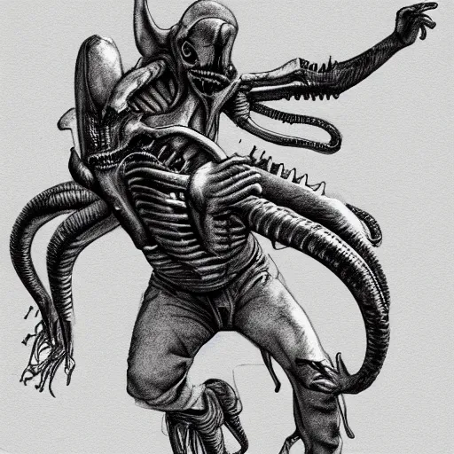 Image similar to a pencil sketch of a cowboy riding a xenomorph on a white background