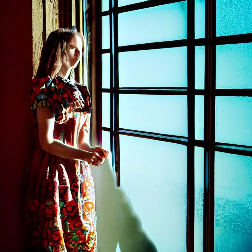 Prompt: beautiful woman wearing stained glass dress, highly detailed, ray of light, translucent, reflection, 35mm lens, award winning, 8K