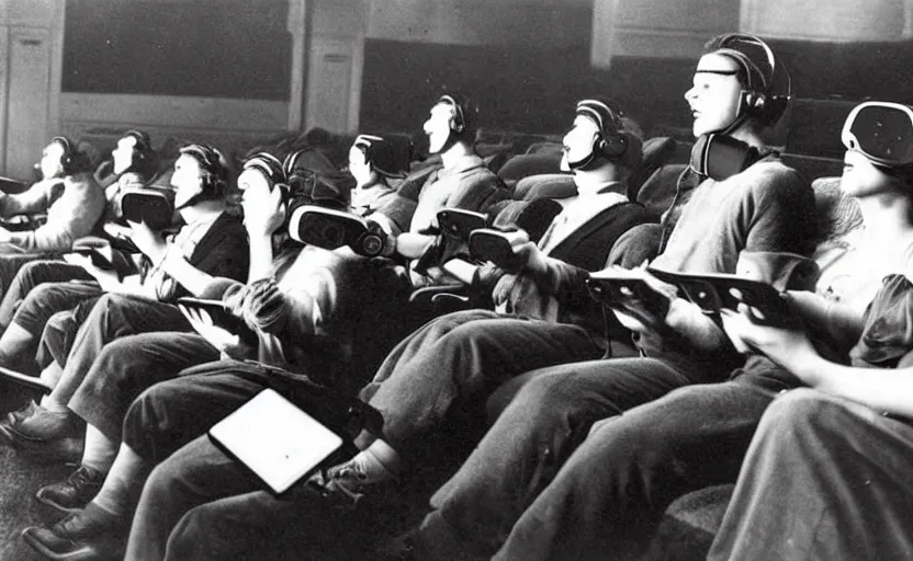 Image similar to 1 9 0 0 s photo of people using iphones ipods virtual reality headsets vr in a movie theater masterpiece