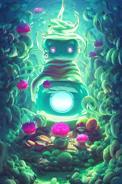 Image similar to roots cactus sushi cristal smurf ghost creature animal sushi cristal very big eye roots cactus elemental flush of force nature micro world fluo fishscale, behance hd by jesper ejsing, by rhads, makoto shinkai and lois van baarle, ilya kuvshinov, rossdraws radiating a glowing aura global illumination ray tracing hdr