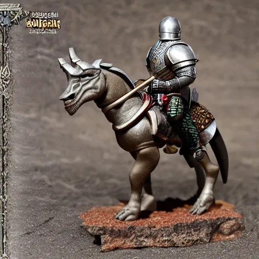 Image similar to D&D, high detail, miniature of medieval knight riding a dinosaur, heavy cavalry, Asgard rising, MyMiniFactory, 28mm scale