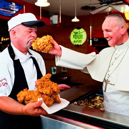 Image similar to a photograph of a reallife popeye the sailor man handing fried chicken to a customer at a popeye's chicken restaurant. he is behind the counter wearing a uniform