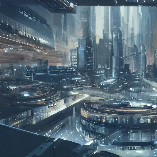 Image similar to large group people in a huge warehouse, gathered around a hologram of futuristic city on a table | cinematic concept art | godrays | 4 k | clear details