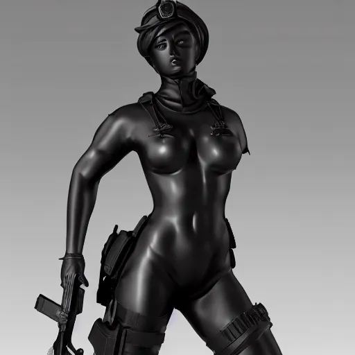 Image similar to a statue of an extremely beautiful female anime riot policewoman made of black marble, 4 k, 8 k, hd, render, denoise, sharp focus, clear focus, beautiful lighting, trending on artstation, tactical gear, chest rig, straps, nylon, buckles